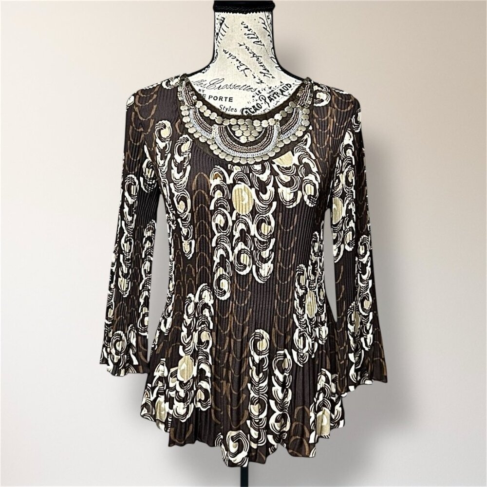 Larry Levine PS Brown Geometric Pleated Long Sleeve‎ Metallic Neck Dressy Blouse